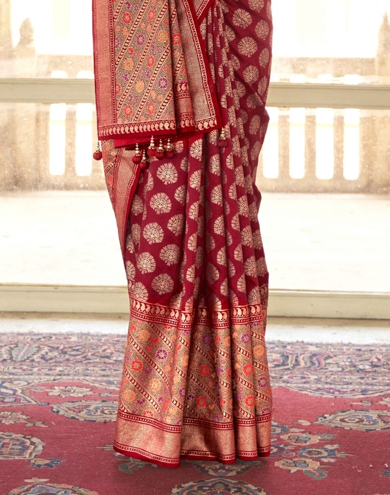 Collection of Trendy Red Coloured Banaras Silk Weaving Saree in a gallery layout