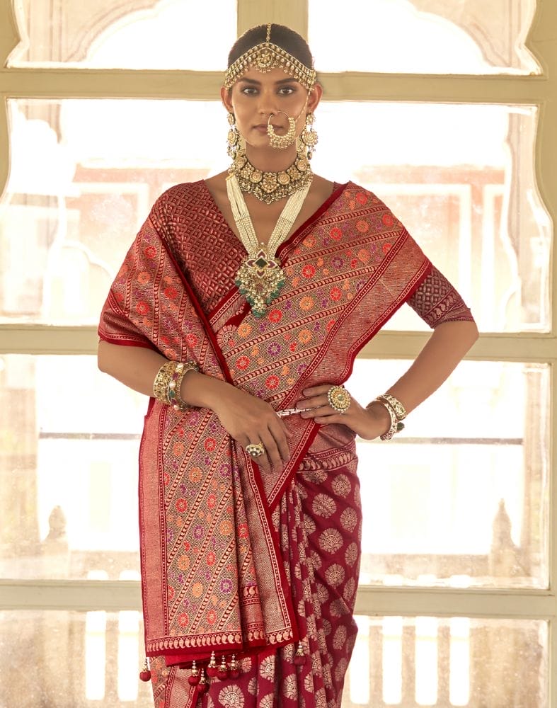 Collection of Trendy Red Coloured Banaras Silk Weaving Saree in a gallery layout