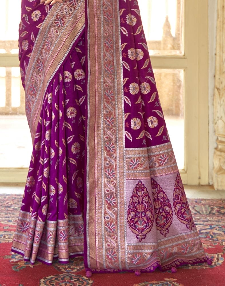 Collection of Dark Pink Botanical Weaving Banaras Silk Saree in a gallery layout