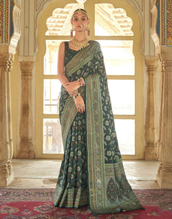 Collection of Beautiful Dark Green Botanical Weaving Banaras Silk Saree in a gallery layout