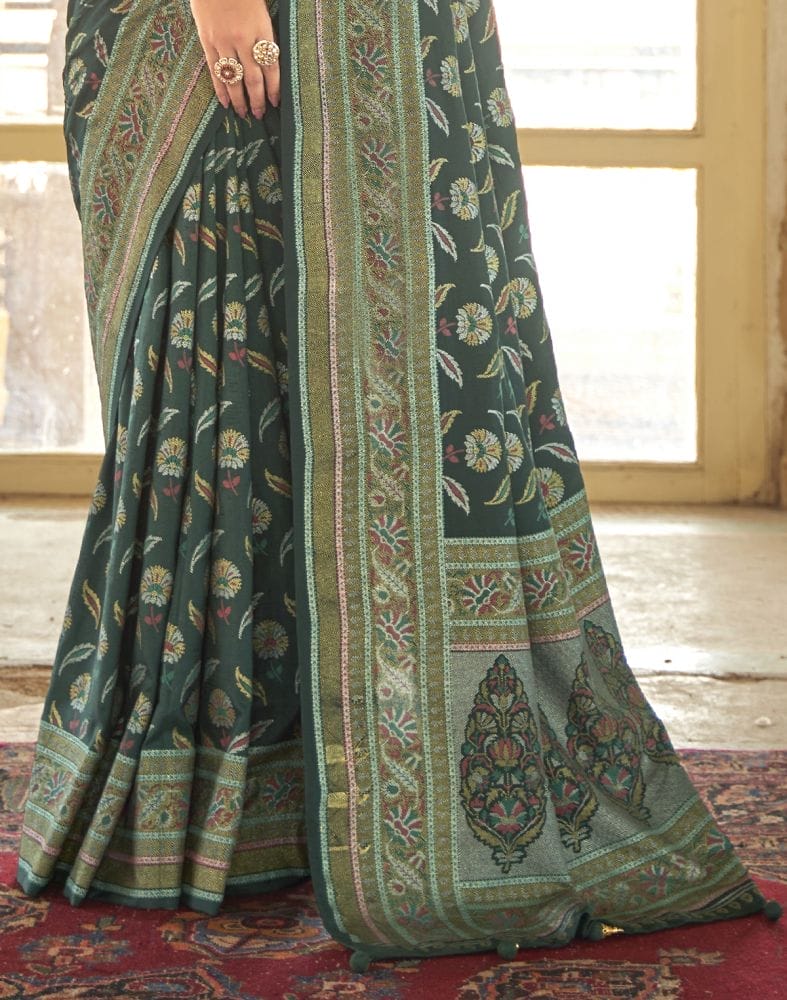 Beautiful Dark Green Botanical Weaving Banaras Silk Saree