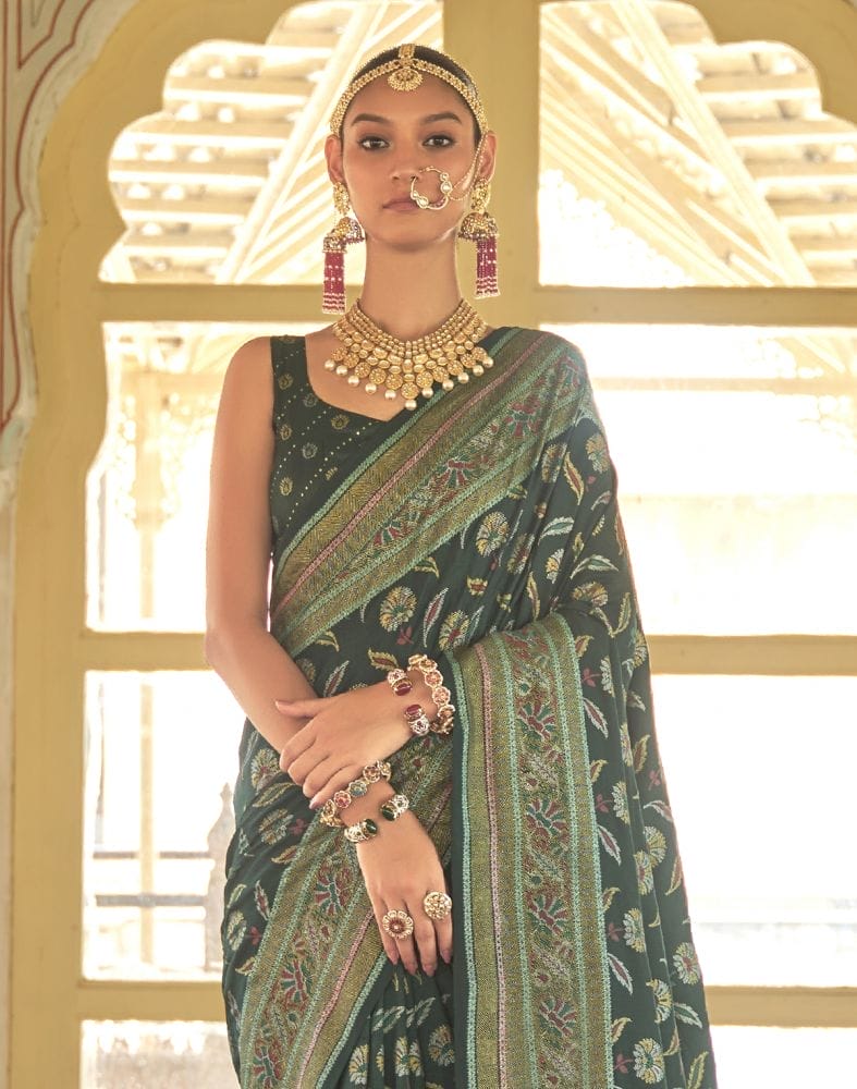 Collection of Beautiful Dark Green Botanical Weaving Banaras Silk Saree in a gallery layout