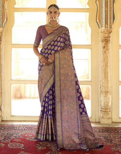 Collection of Improbable Purple Botanical Weaving Banaras Silk Saree in a gallery layout