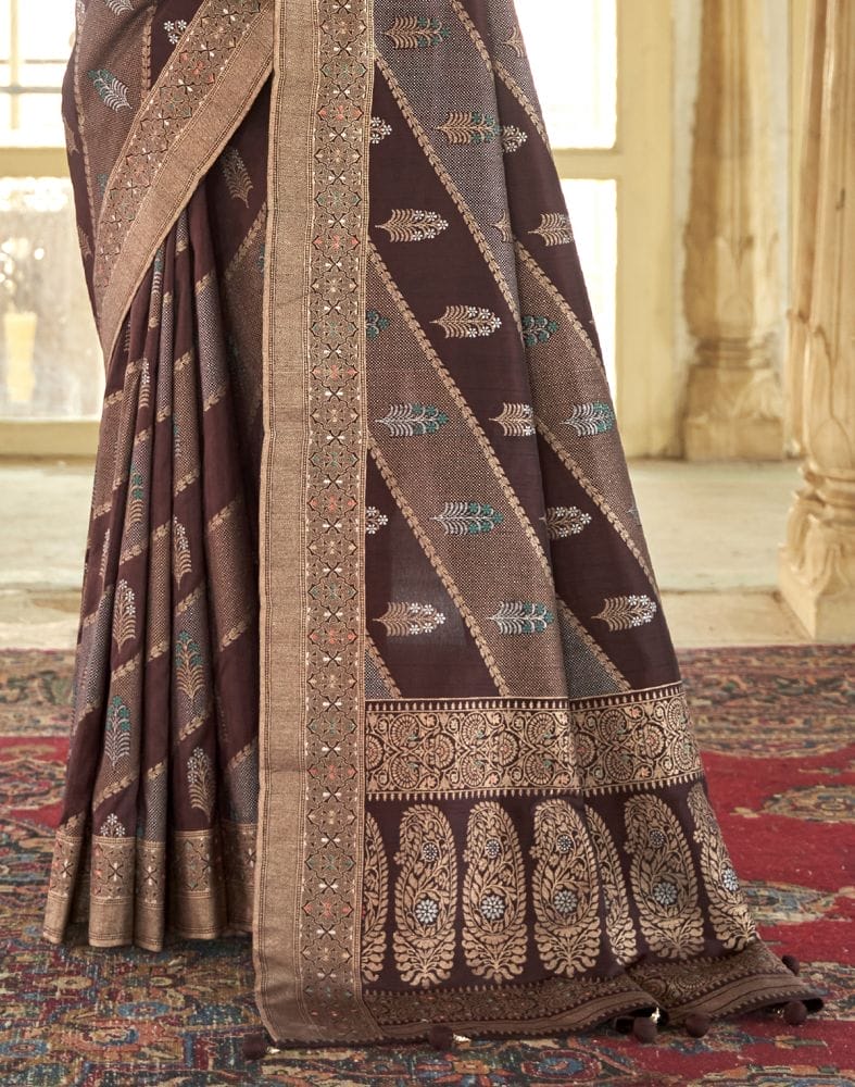 Collection of Botanical Pattern Brown Coloured Banaras Silk Saree in a gallery layout