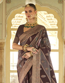 Collection of Botanical Pattern Brown Coloured Banaras Silk Saree in a gallery layout