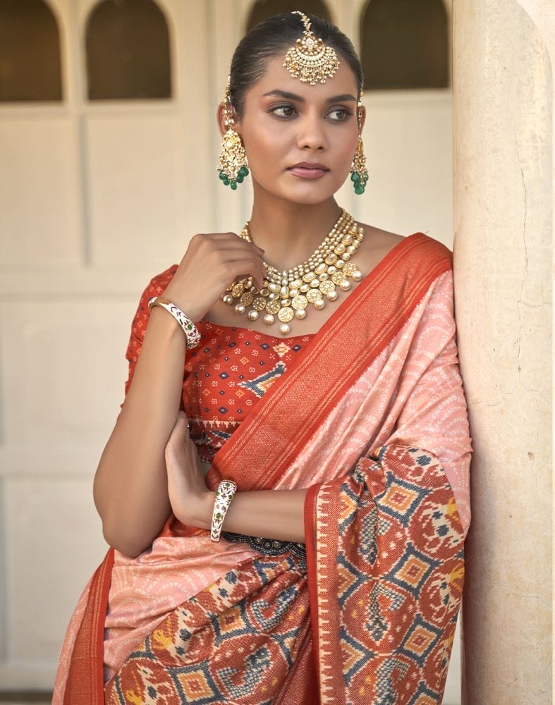 Peach Bandhini Print Patola Saree