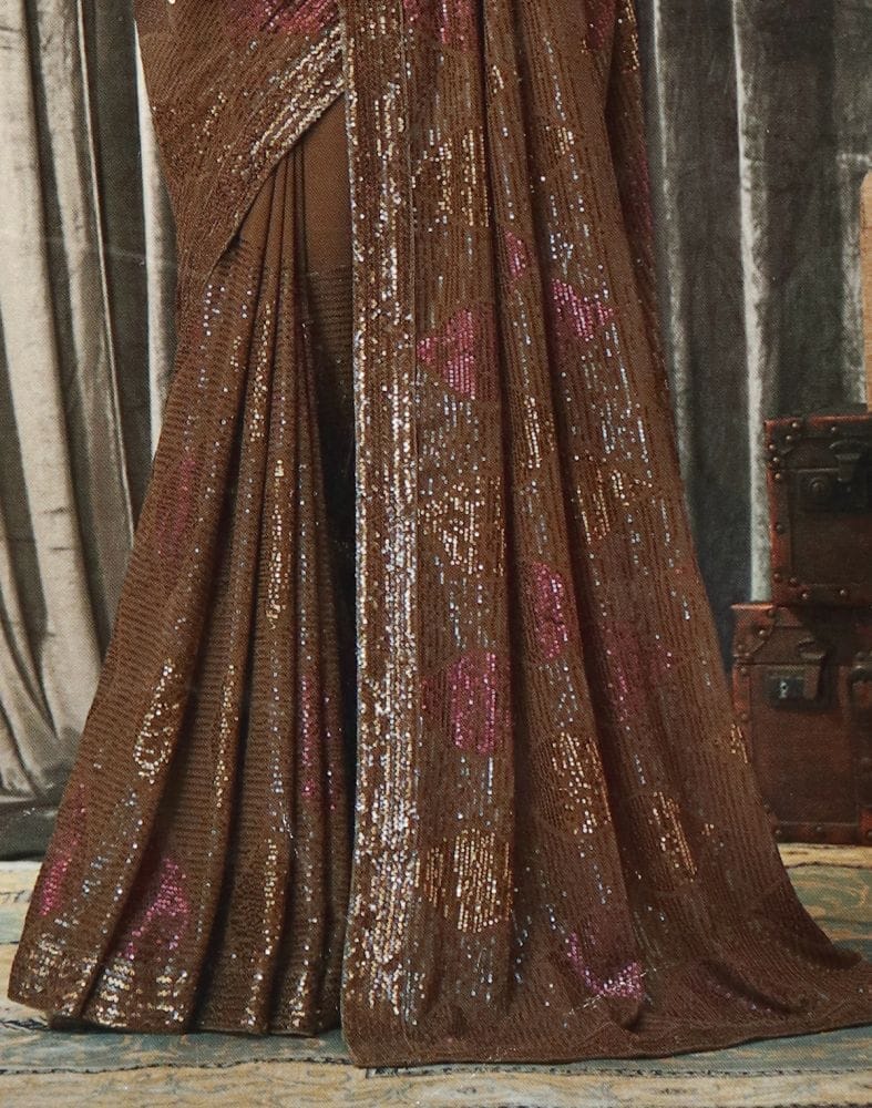 Collection of Brown Striped Sequence work Semi Georgette Saree in a gallery layout