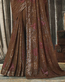 Collection of Brown Striped Sequence work Semi Georgette Saree in a gallery layout