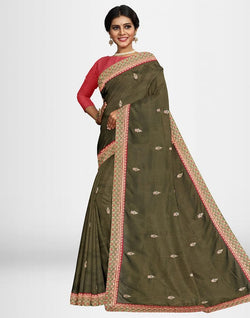 Collection of Mehendi Green Floral Embroidery work Raw Silk Saree in a gallery layout