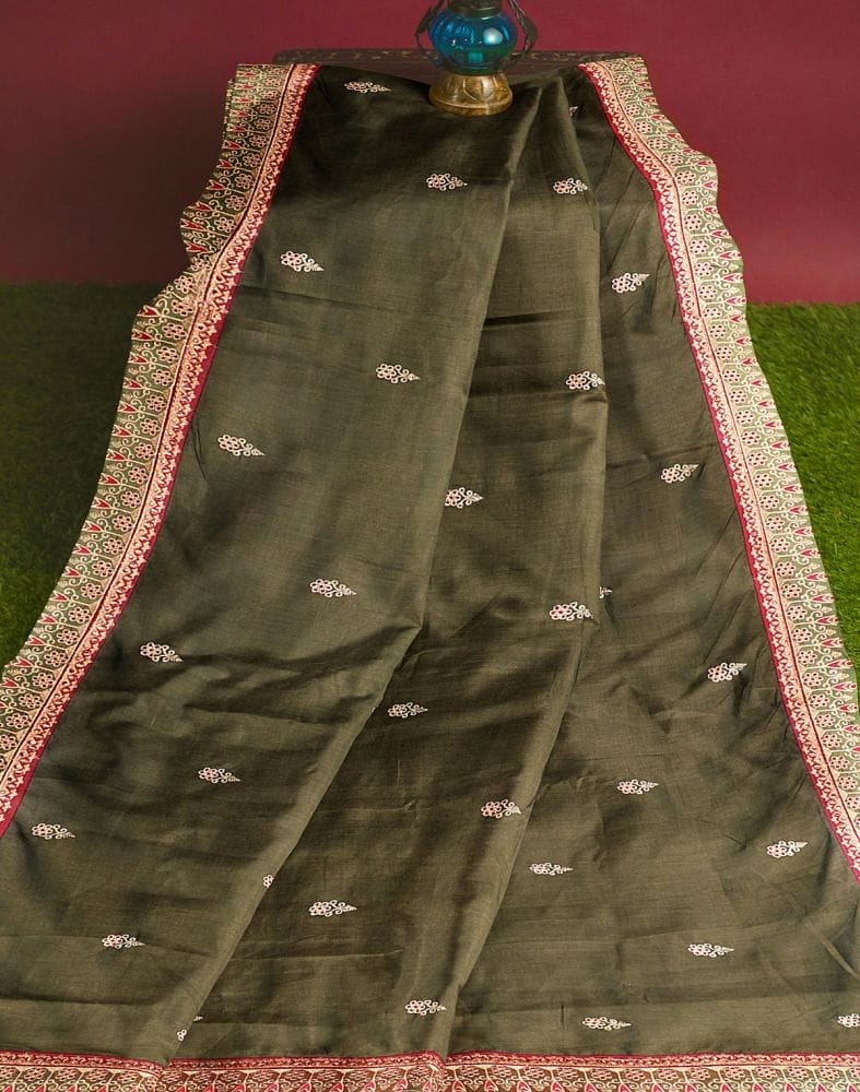 Mehendi Green Floral Embroidery work Raw Silk Saree