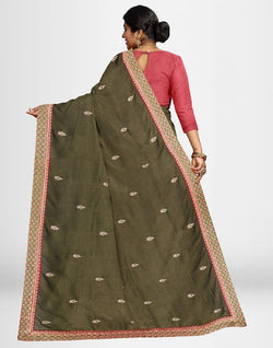 Collection of Mehendi Green Floral Embroidery work Raw Silk Saree in a gallery layout