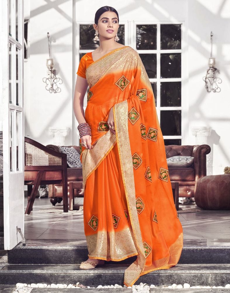 Orange Plain Chiffon Embroidery Saree