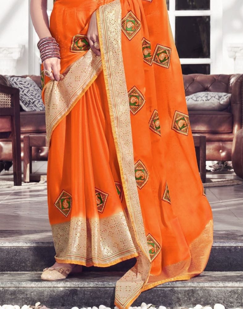 Orange Plain Chiffon Embroidery Saree