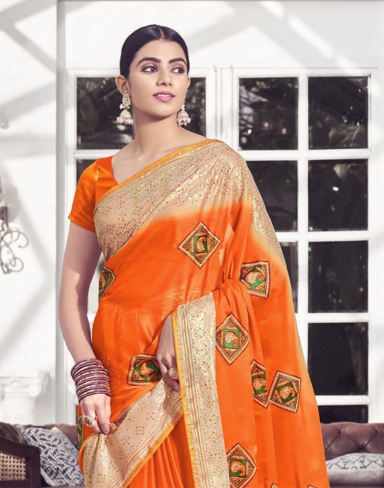 Orange Plain Chiffon Embroidery Saree