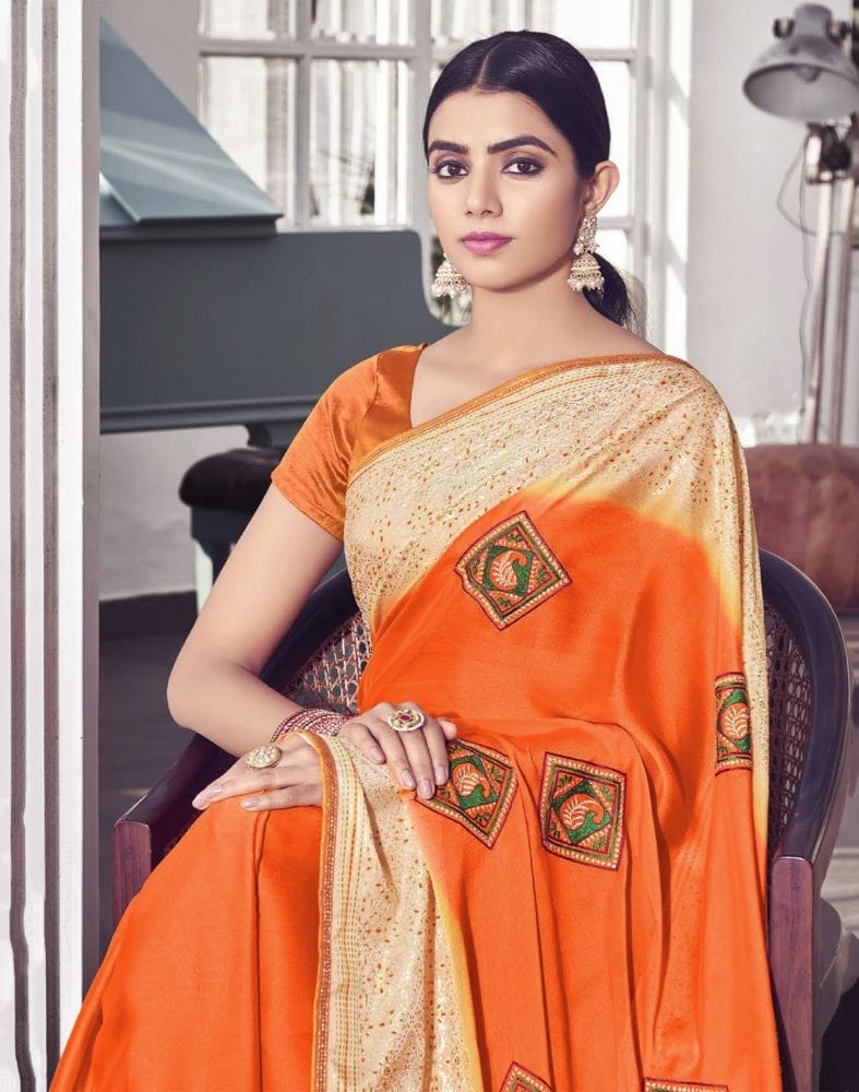 Orange Plain Chiffon Embroidery Saree