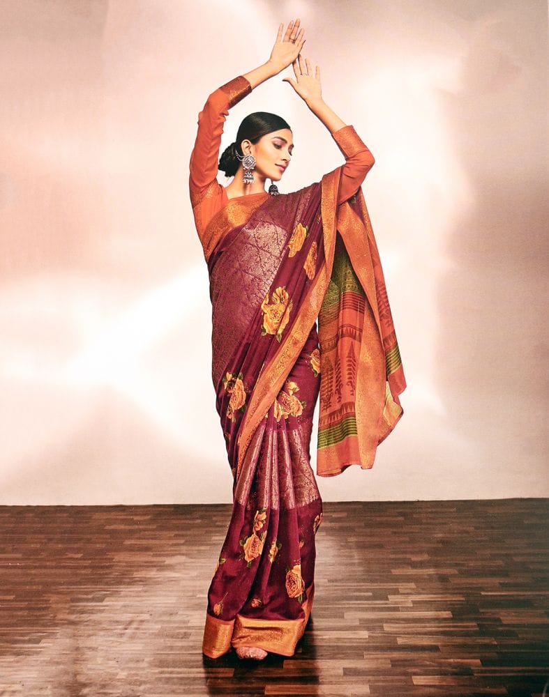 Maroon Floral Print Cotton Silk Saree