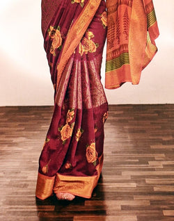 Collection of Maroon Floral Print Cotton Silk Saree in a gallery layout