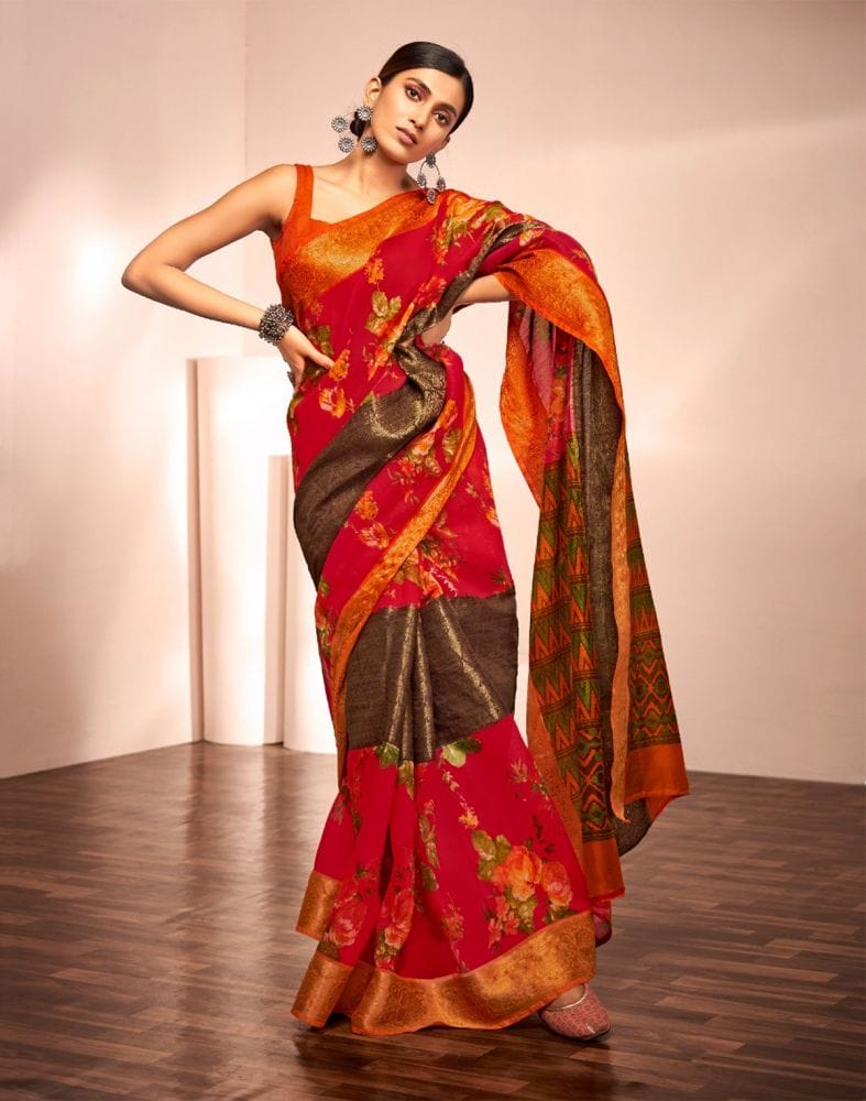 Red Floral Pattern Print Cotton Silk Saree