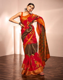 Collection of Red Floral Pattern Print Cotton Silk Saree in a gallery layout