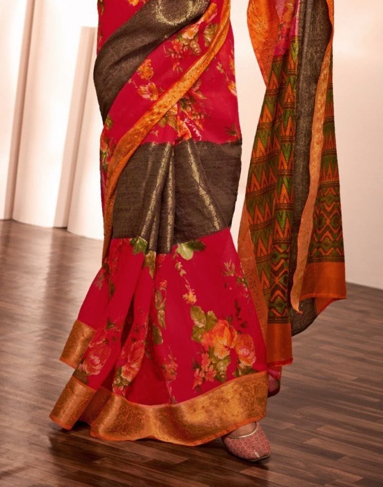 Red Floral Pattern Print Cotton Silk Saree