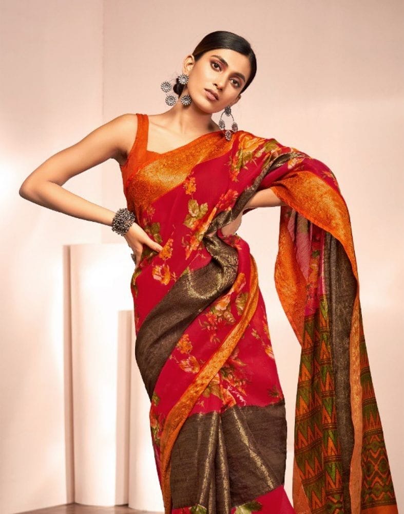 Collection of Red Floral Pattern Print Cotton Silk Saree in a gallery layout