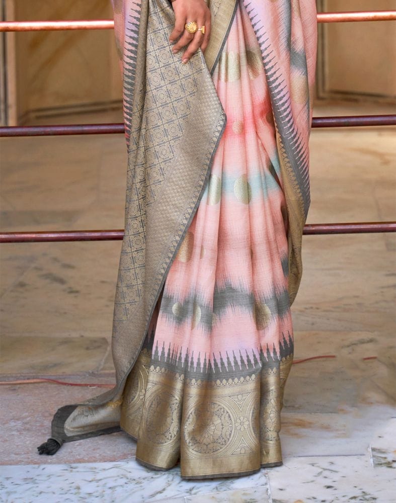 Collection of Peach Stripes Print Banaras Silk Patola Saree in a gallery layout