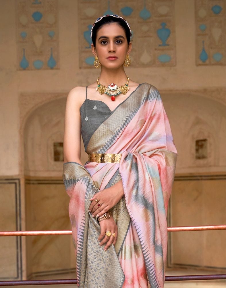 Peach Stripes Print Banaras Silk Patola Saree