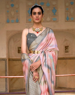 Collection of Peach Stripes Print Banaras Silk Patola Saree in a gallery layout