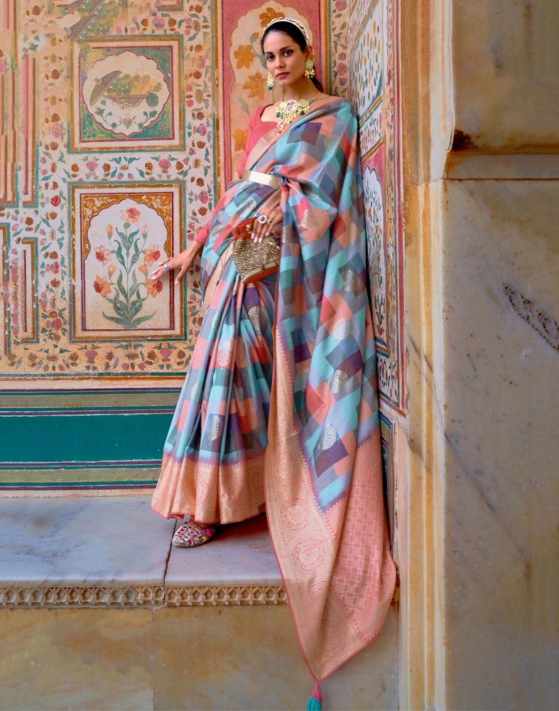 Collection of Light Blue Coloured Banaras Silk Fancy Saree in a gallery layout