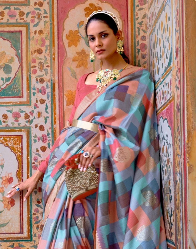 Collection of Light Blue Coloured Banaras Silk Fancy Saree in a gallery layout