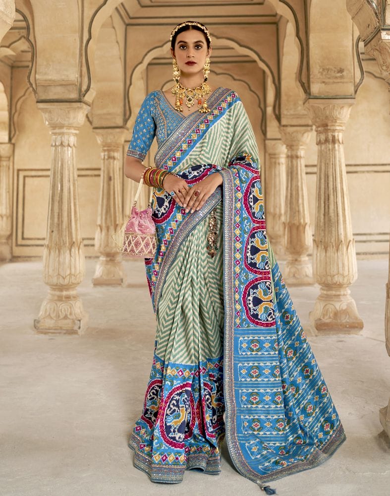 Collection of Light Green Chevron Printed Dola Silk Saree in a gallery layout