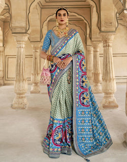 Collection of Light Green Chevron Printed Dola Silk Saree in a gallery layout