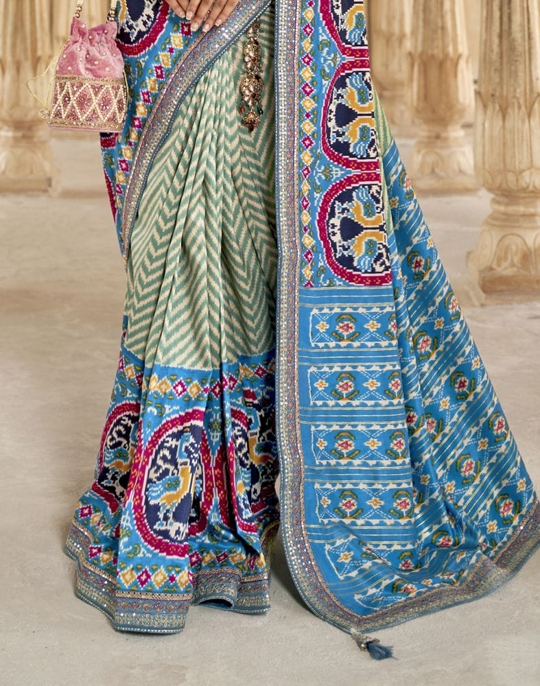 Collection of Light Green Chevron Printed Dola Silk Saree in a gallery layout