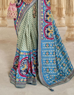 Collection of Light Green Chevron Printed Dola Silk Saree in a gallery layout