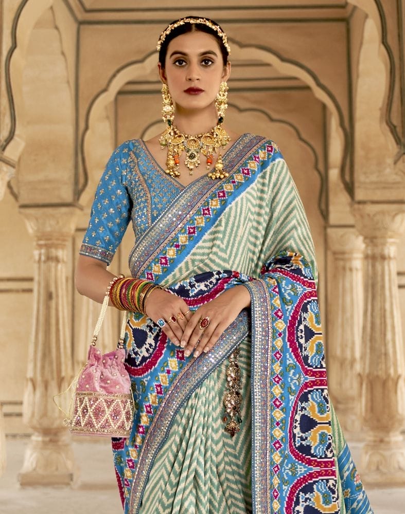 Collection of Light Green Chevron Printed Dola Silk Saree in a gallery layout