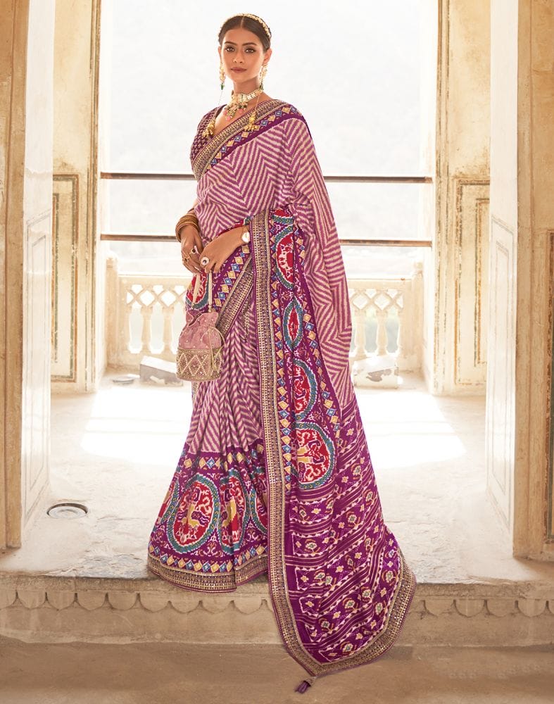 Pink Chevron Dola Silk Fabric Saree