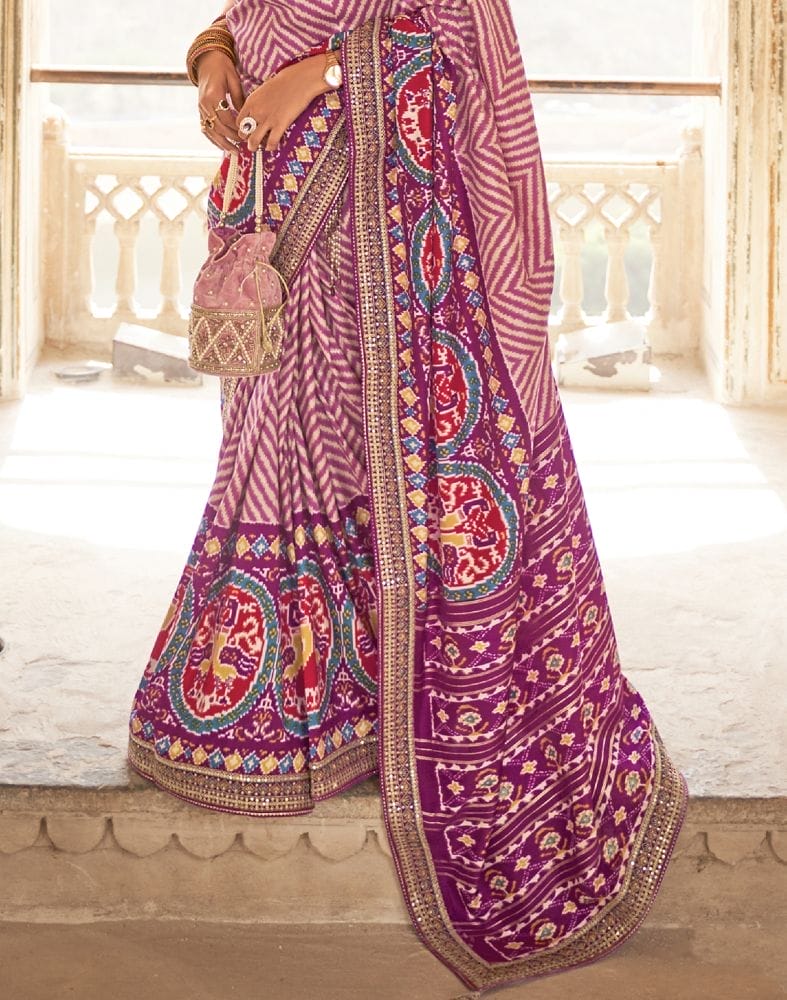 Pink Chevron Dola Silk Fabric Saree