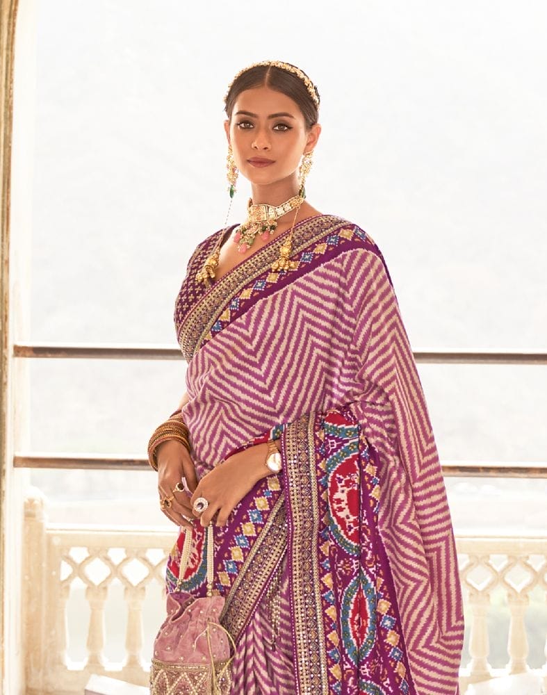 Collection of Pink Chevron Dola Silk Fabric Saree in a gallery layout