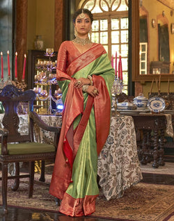 Collection of Mitera Parrot Green Floral Soft Silk Saree in a gallery layout