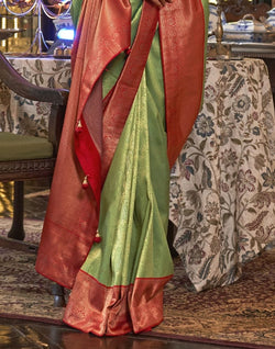 Collection of Mitera Parrot Green Floral Soft Silk Saree in a gallery layout