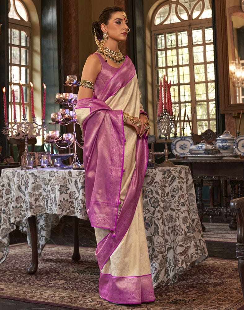 Collection of Gold and Pink Floral Weave Soft Silk Saree in a gallery layout