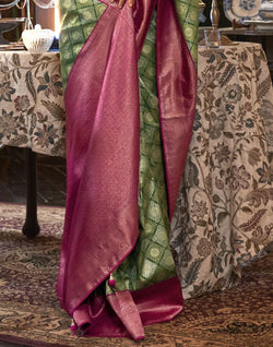 Collection of Traditional Green Geometric Pattern Soft Silk Saree in a gallery layout