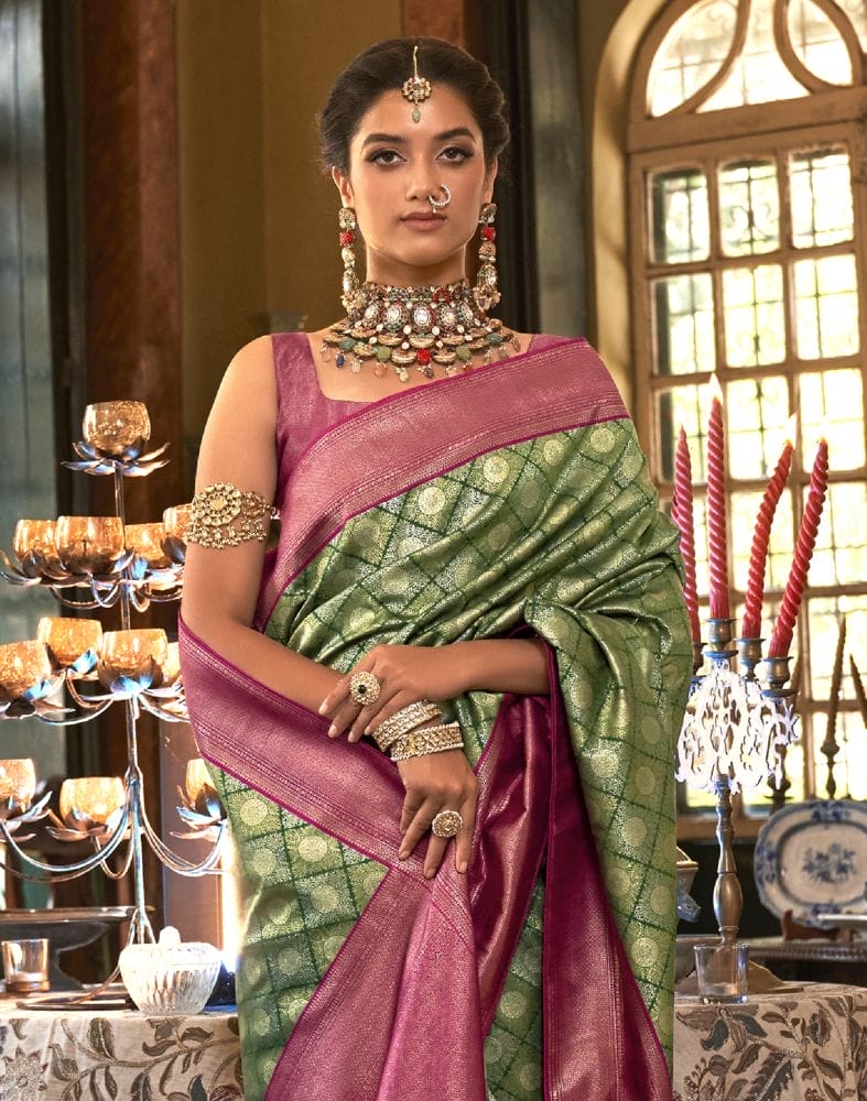 Traditional Green Geometric Pattern Soft Silk Saree