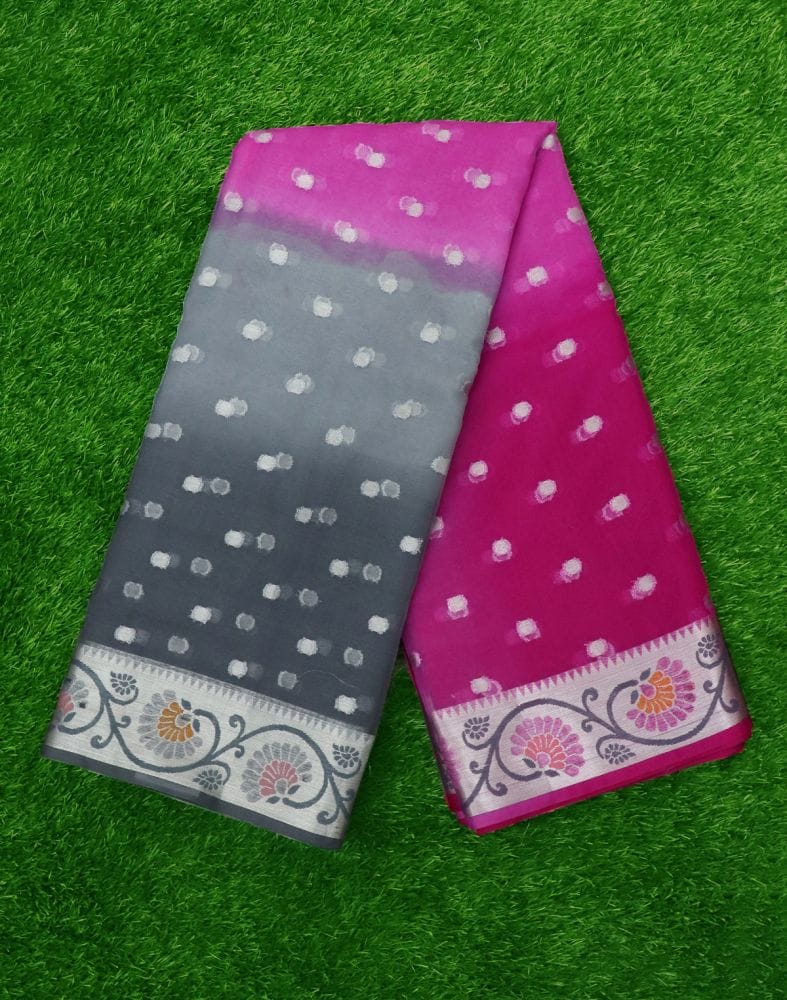 Pink Polka Dots Organza Booti Saree