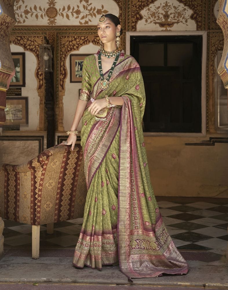 Green Floral Pattern Dola Silk Saree