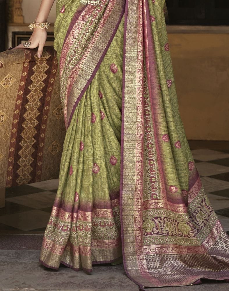 Green Floral Pattern Dola Silk Saree