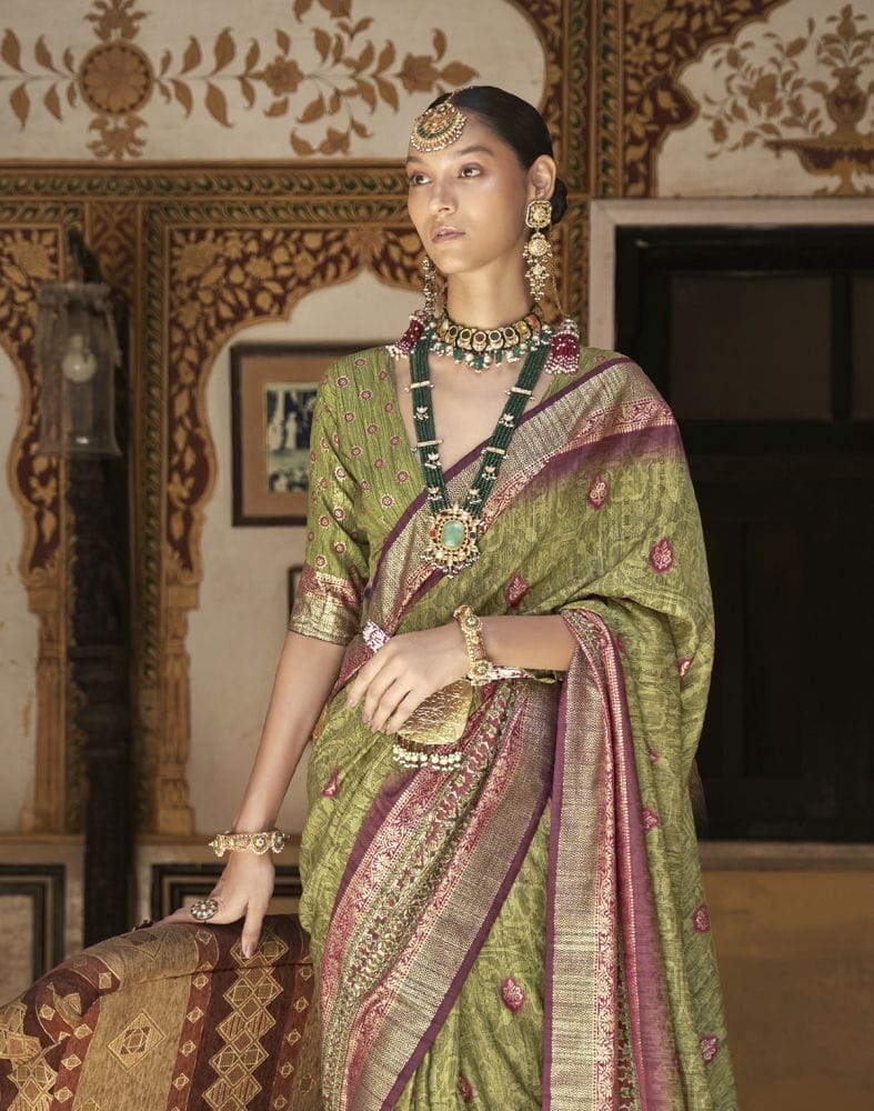 Collection of Green Floral Pattern Dola Silk Saree in a gallery layout