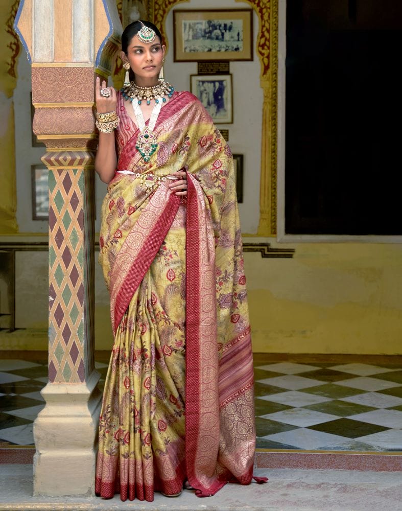 Yellow Floral Dola Silk Printed Saree