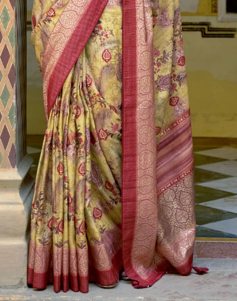 Yellow Floral Dola Silk Printed Saree