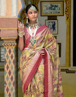 Collection of Yellow Floral Dola Silk Printed Saree in a gallery layout